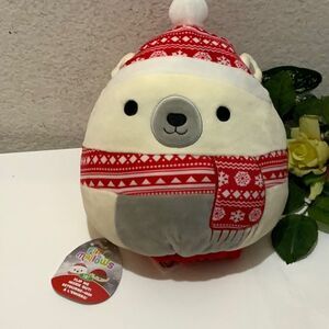 Squishmallow  2 in 1 Holiday Kellytoy  Soft  Brooke Polar Bear Red Hat & Scarf